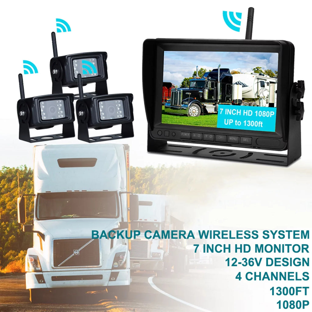 7" Display  1080P Wireless 3CH Rear View Backup Camera Kit for Truck Trailer