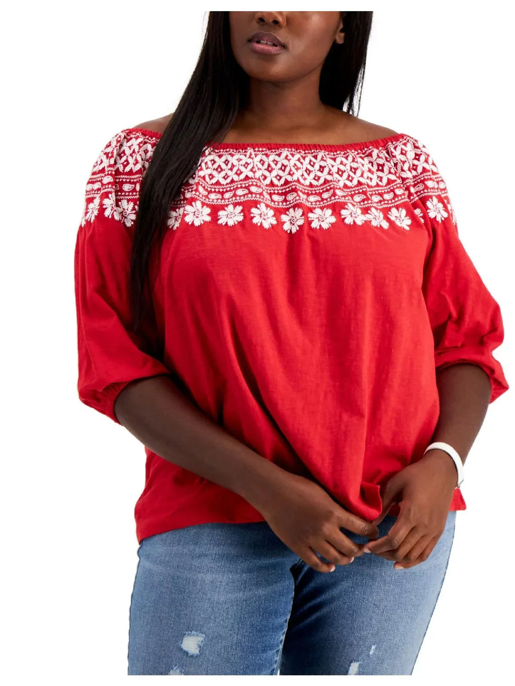 Tommy Hilfiger Womens Plus Cotton Off-The-Shoulder Blouse