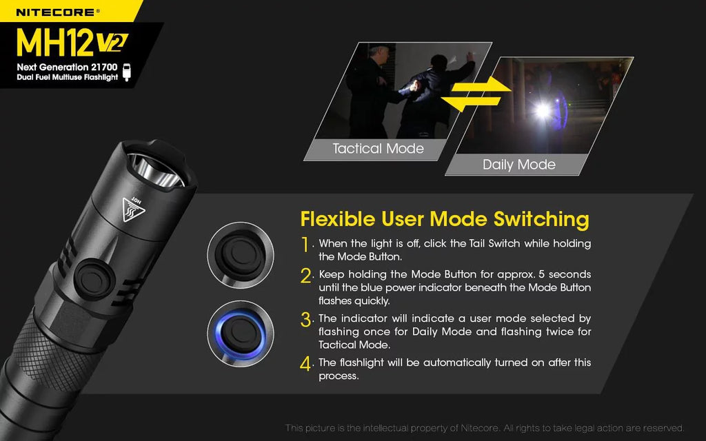 Combo: Nitecore MH12 V2  -L2 V6  Flashlight -1200 Lumens -21700 Battery (Included) + NL2150HPi 21700 5000mAh Battery