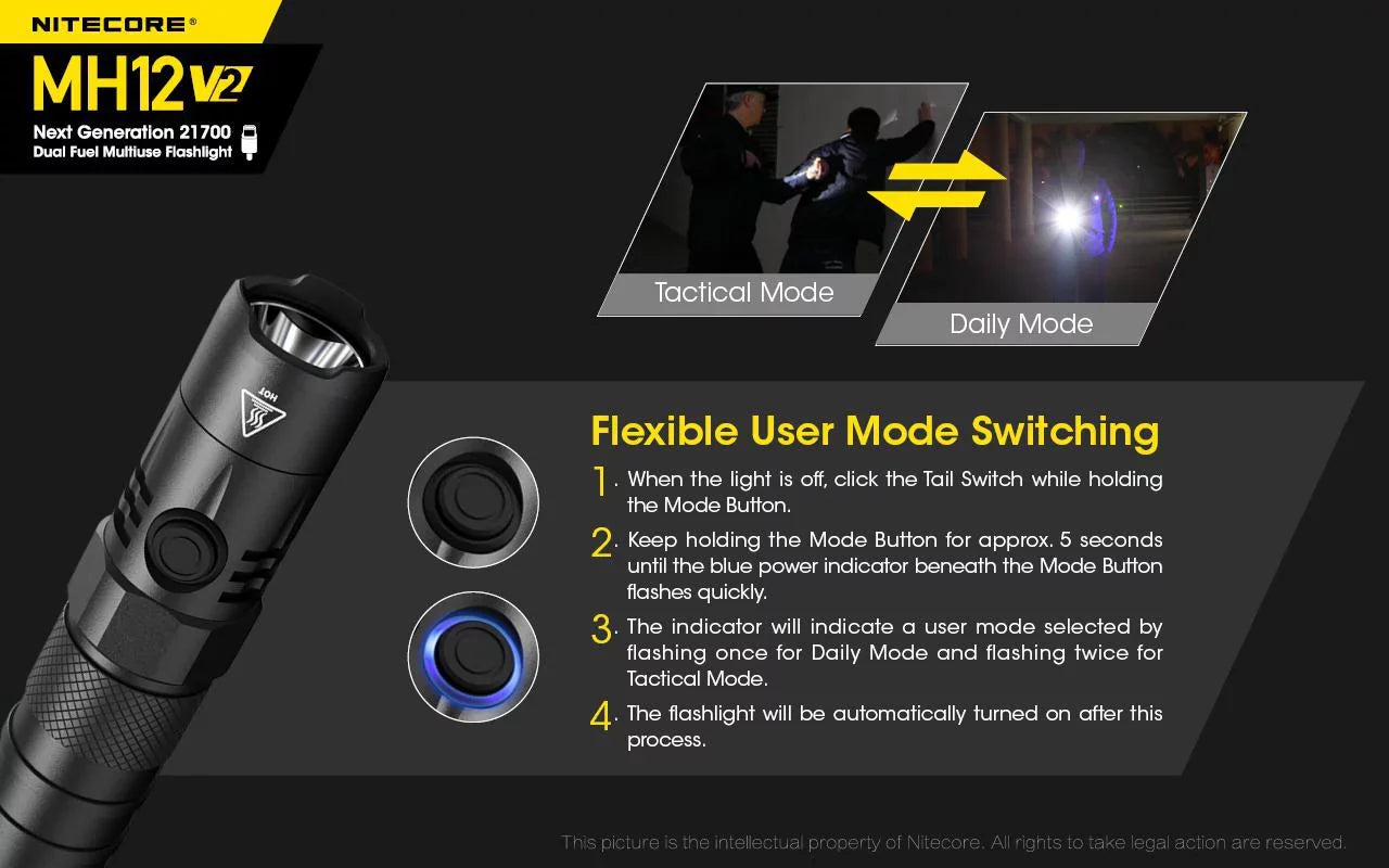 Combo: Nitecore MH12 V2  -L2 V6  Flashlight -1200 Lumens -21700 Battery (Included) + NL2150HPi 21700 5000mAh Battery