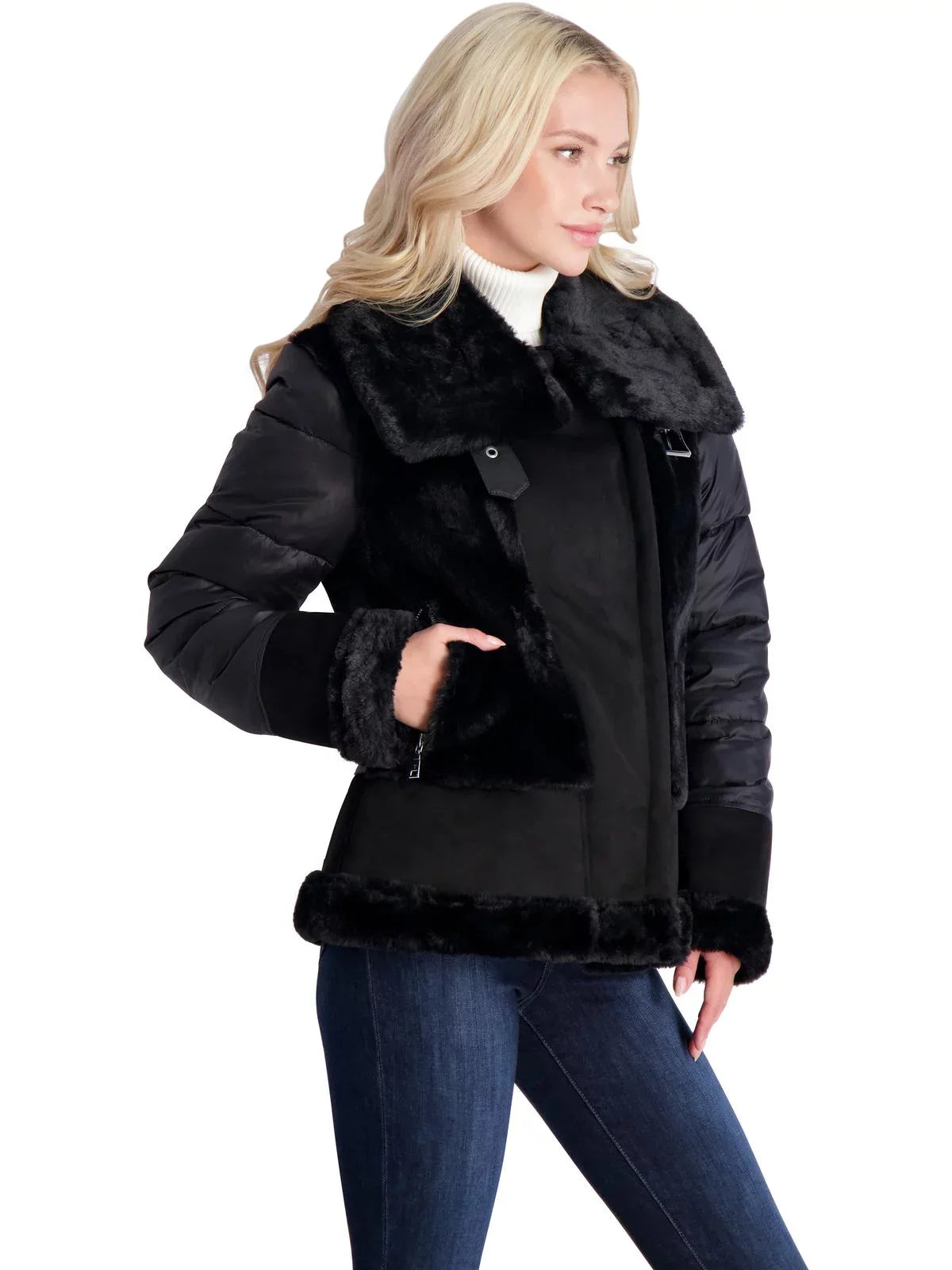 Tahari Women's Saylor Mixed Media Puffer Coat