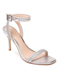 Womens Silver Braided Padded Adjustable Strap Metallic Stretch Sprinkle Square Toe Stiletto Buckle Dress Sandals Shoes 6 M