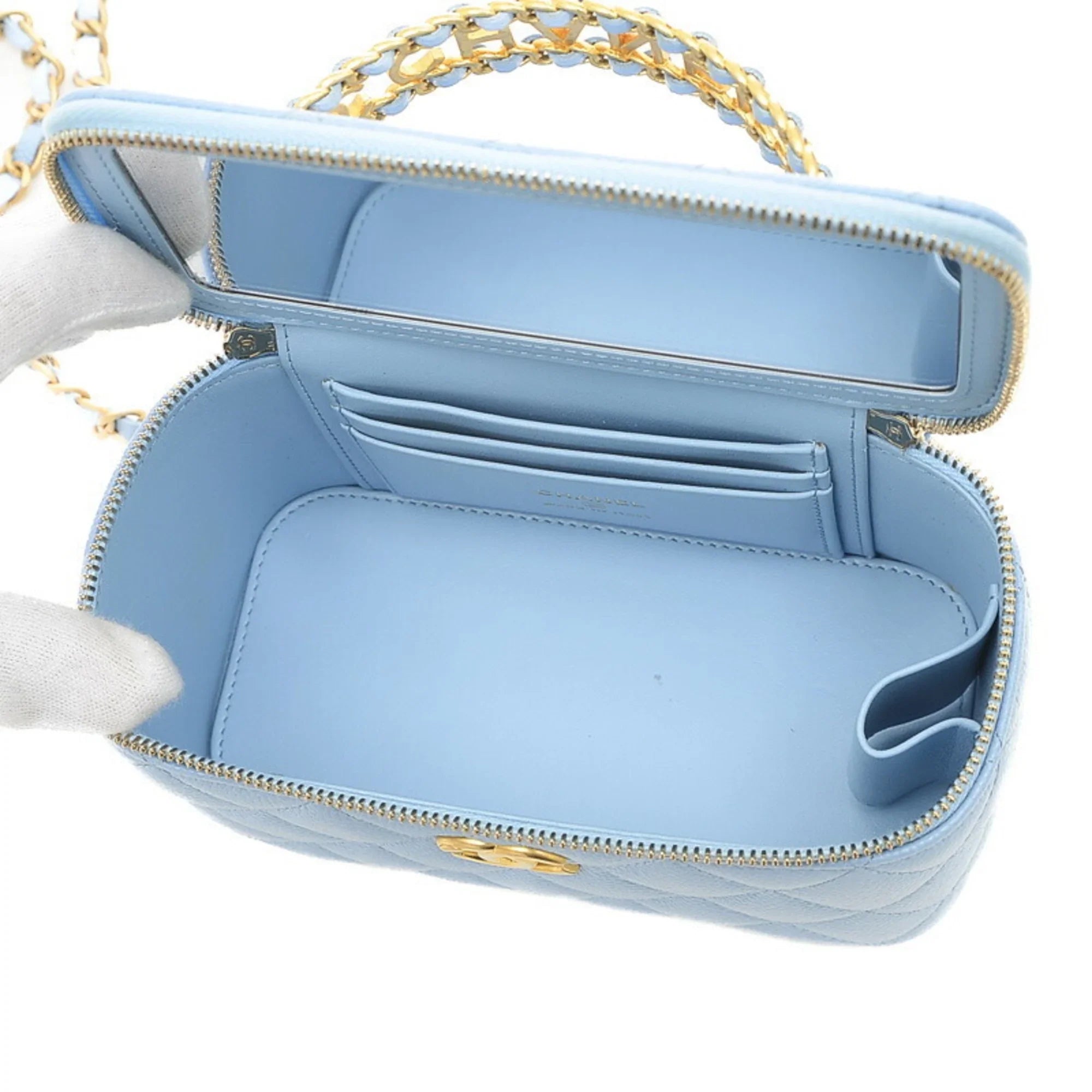 Pre-Owned Chanel Logo Handle Vanity Shoulder Bag Caviar Skin Blue Gold Hardware AP2805 (Good)