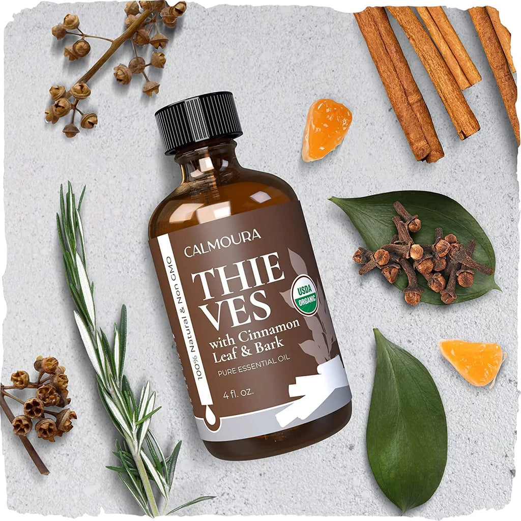 Organic Thieves Oil Essential Oil (4 oz | 118 ml) —  Certified Therapeutic Grade For Essential Oil Diffuser — Oil Blend of Clove, Cinnamon, Rosemary Essential Oil, Lemon and Eucalyptus