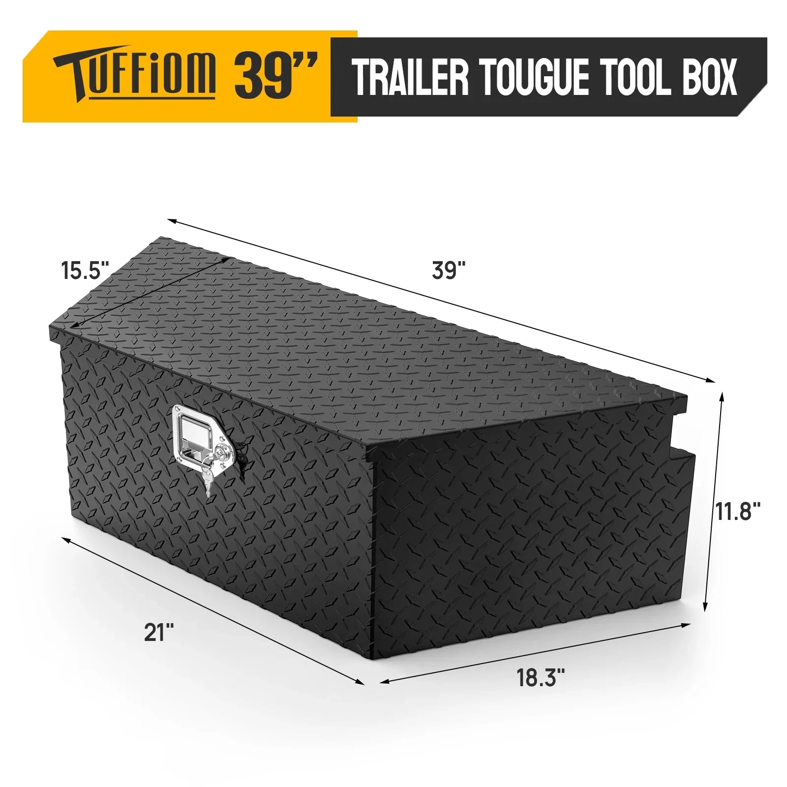 39 Inch Aluminum Truck Trailer Tongue Tool Box with Lock & Keys, Diamond Plate Storage Organizer Toolbox for Pickup Truck Bed, Trailer, , , Black