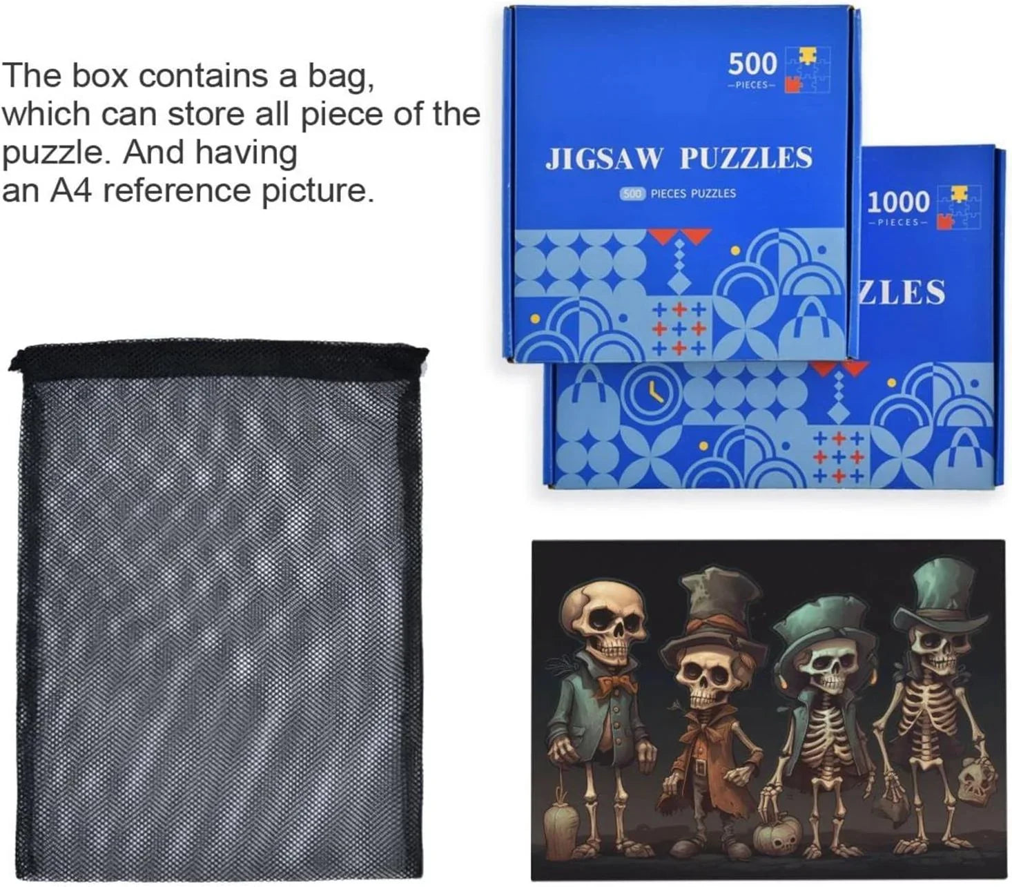 Dreamtimes 500  Wooden Jigsaw Puzzle Halloween Skeleton Print, Zigsaw with Alphabet Partition Storage Bag, Puzzle for Adults, Challenging Brain Exercise Family Game Gift for Kids Friends Parents
