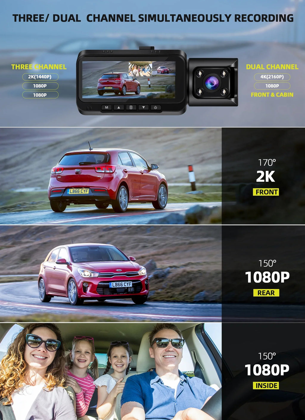 WiFi 3 Channel Dash Cam 2K+1080P+1080P@30fps with  Speed, 4K Dual Dashcam Front and Inside, Triple Car Dash Camera with Type C Port, ,  Night Vision, 170° Wide Angle, 24hr Parking Monitor