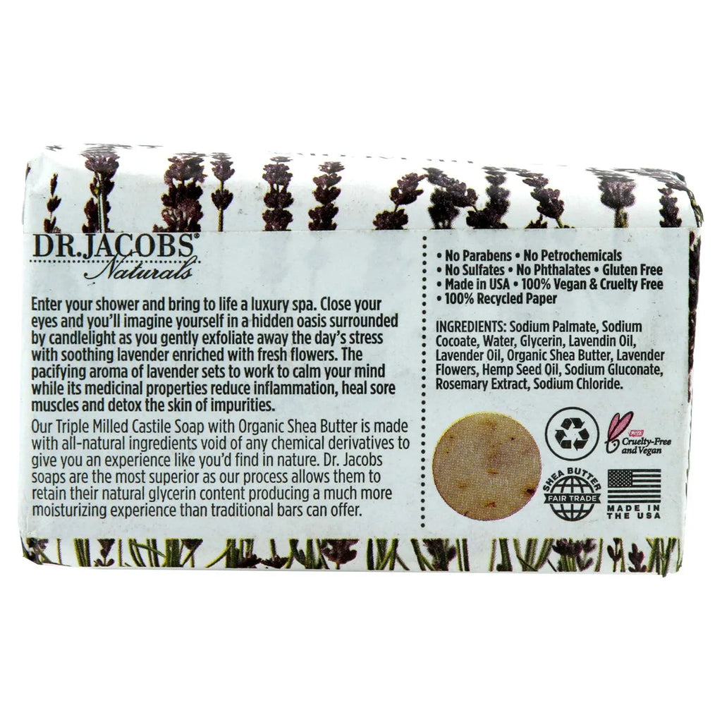 Dr Jacobs Naturals Luscious Lavender Castile Bar Soap Plant Based Vegan Soap, 5 Oz 6-Pack