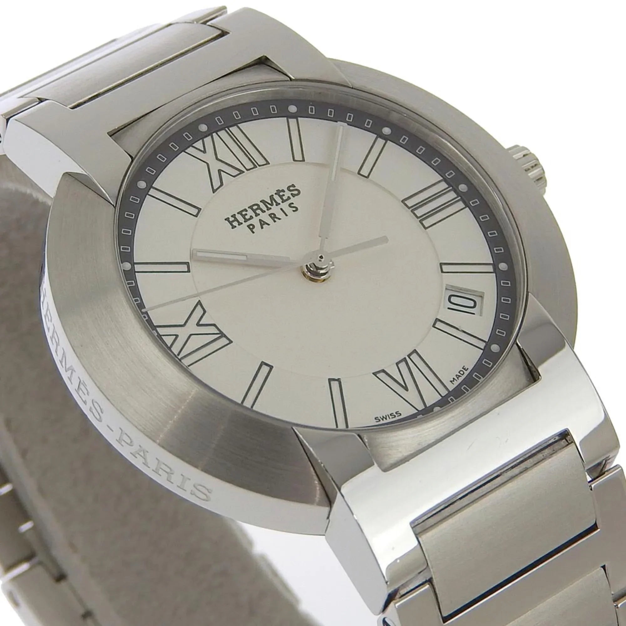 Pre-Owned Hermes Nomad Watch NO1.710 Stainless Steel Swiss Made Silver Quartz Analog Display White Dial Men's (Fair)