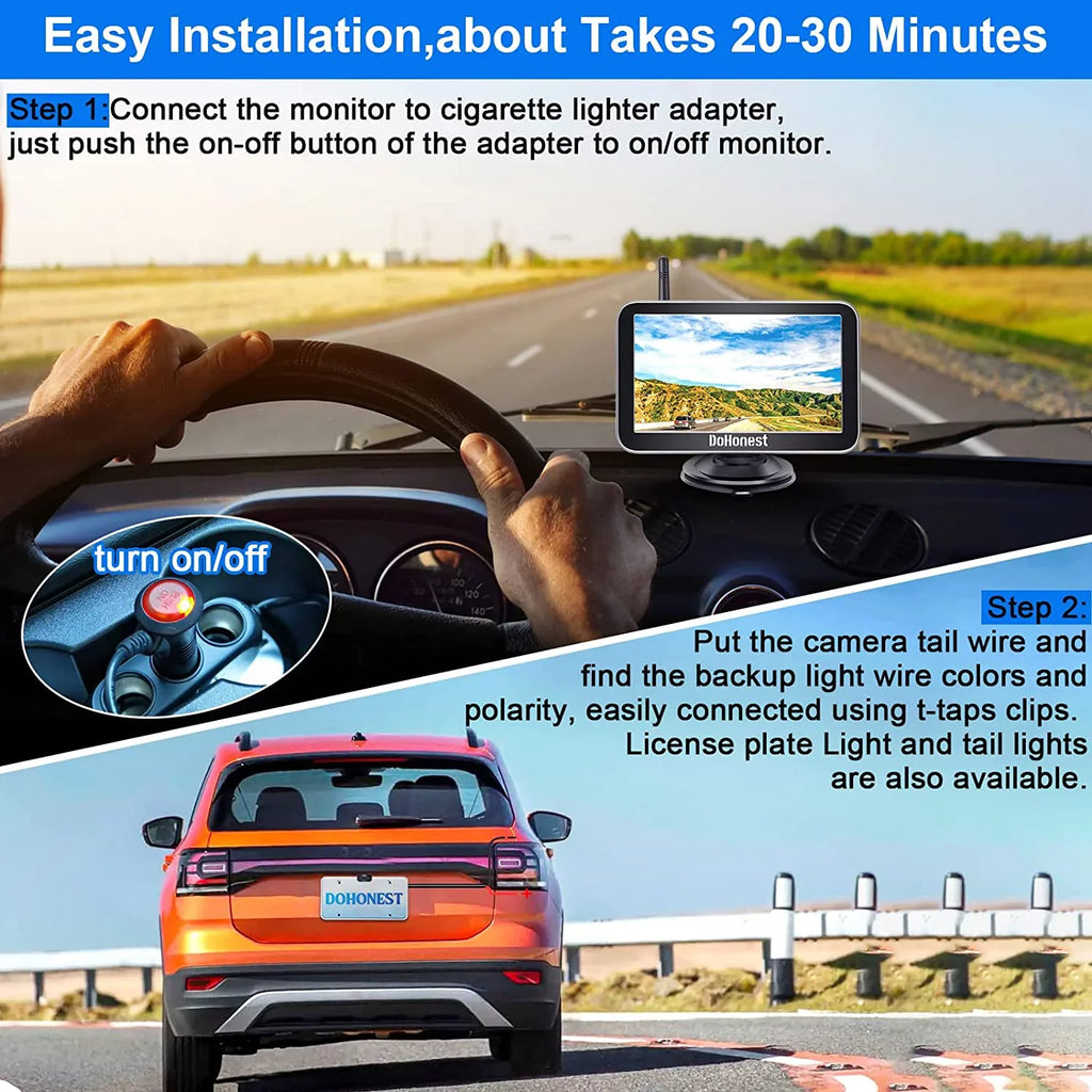 DoHonest Wireless Backup Camera 7-Inch: Plug and Play Easy to Install Truck Car Monitor Kit  1080P Bluetooth Reverse Cam for Pickup Camper Van Stable Signal 2 Channel Night vision Auto-Switching V
