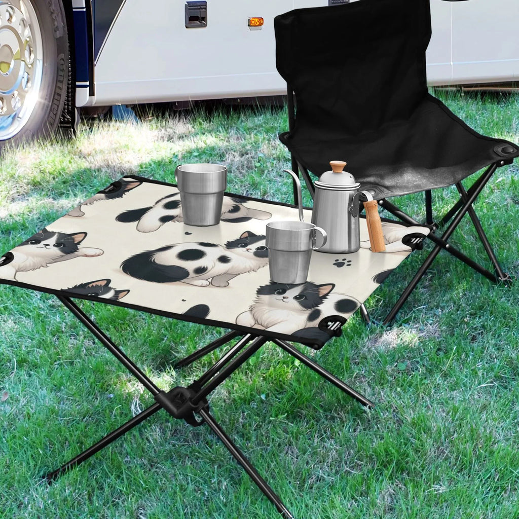 Cute Cat Footprint Camping Folding Table Portable Beach Table with Storage Bag Compact Picnic Table for Outdoor Travel Fishing