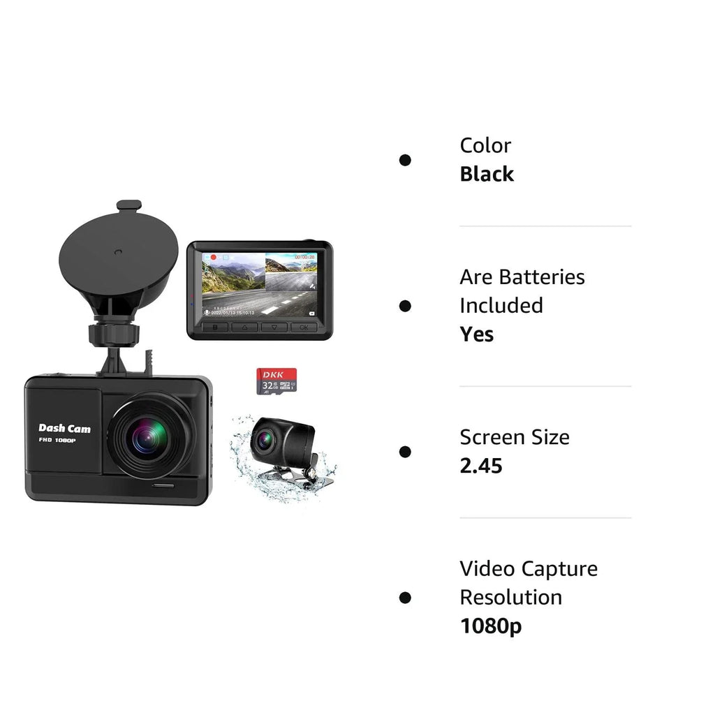 Dash Cam Front and Rear, Mini Dash Cam 1080P Full  with 32GB  Card, 2.45 inch  Screen, 2 Mounting Ways, Night Vision, , Accident Lock, Loop Recording, Parking Monitor Car,Motorcyle,Balls