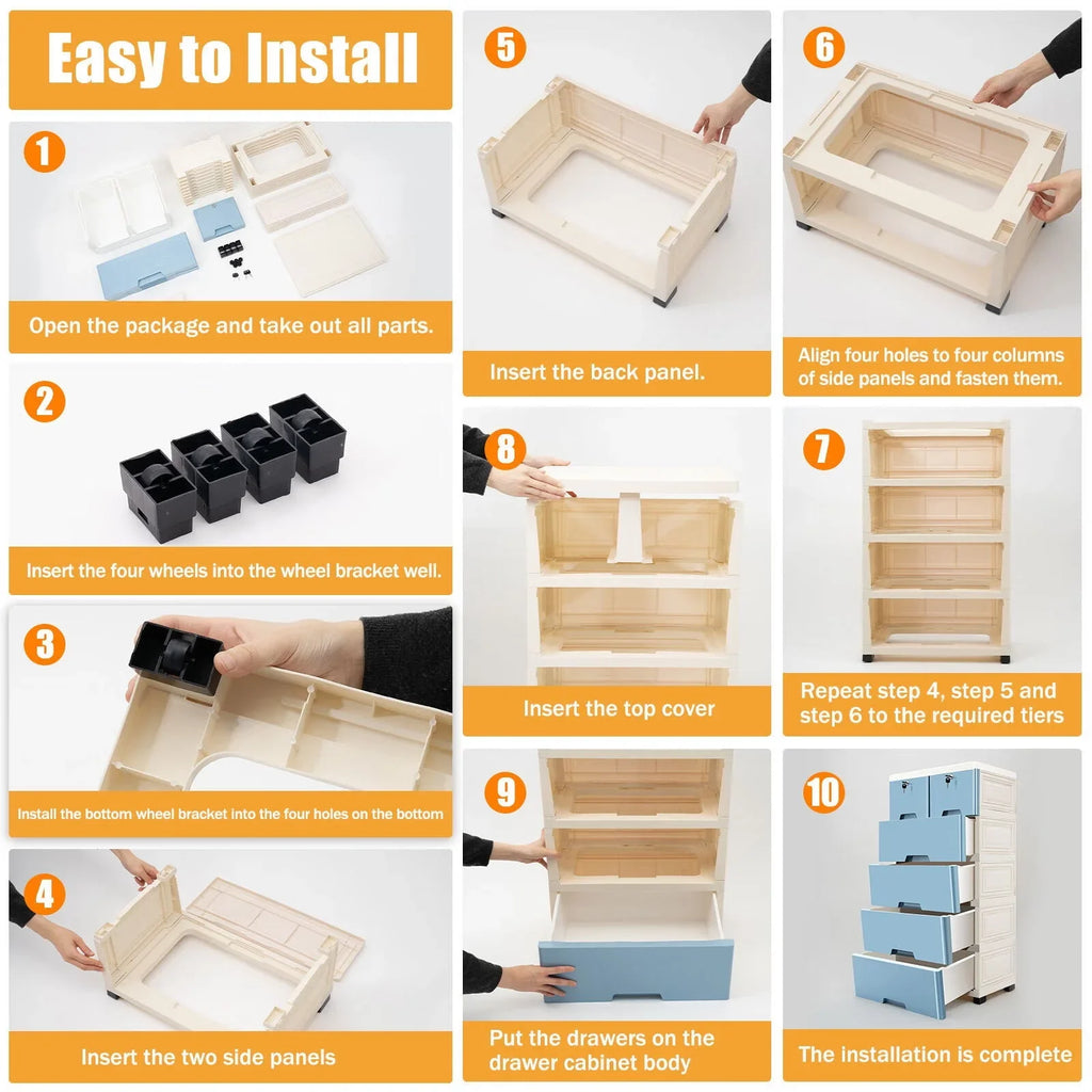 6 Drawer Plastic Storage Tower Closet Organizer with 4 rollers for Home, Office (Blue)