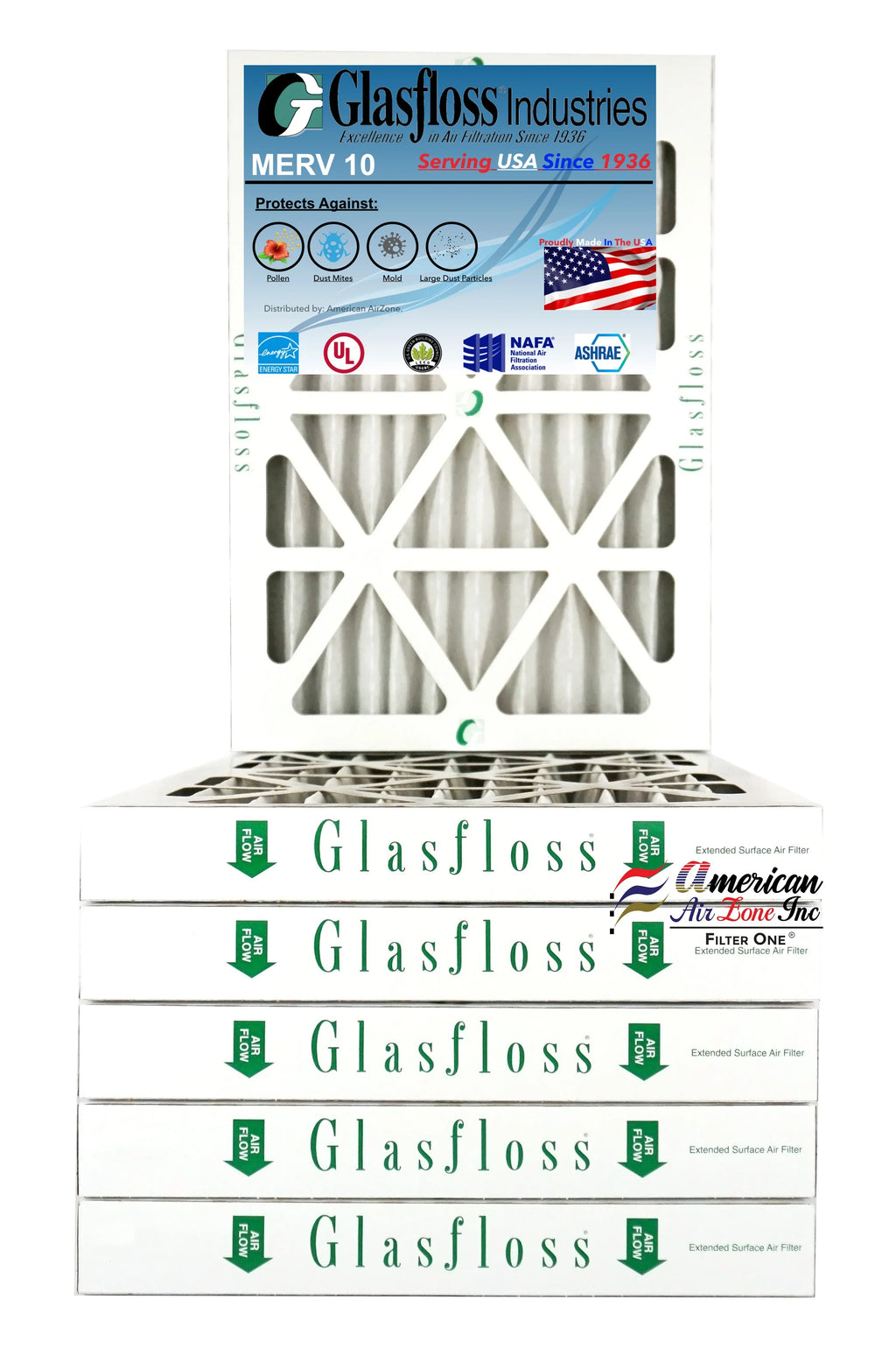 Glasfloss Air Filter 14x25x2 - 2"  10 - (Pack of 6) - Pleated  or  Air Filter - Furnace Air Filter - Home or Office - Made In The .