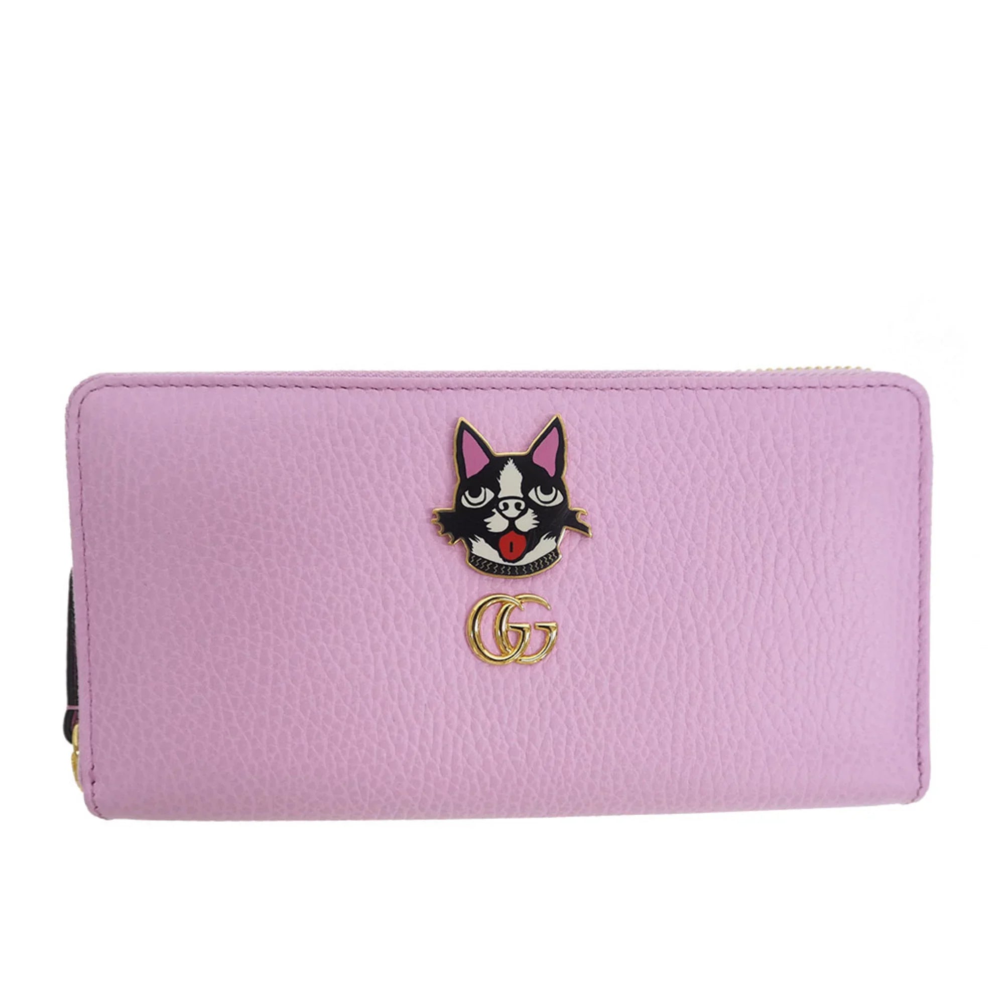 Pre-Owned  Gucci 499337  Marmont Bosco Zip Around Wallet Round Purse Light Pink Dog Boston Terrier (Like New)